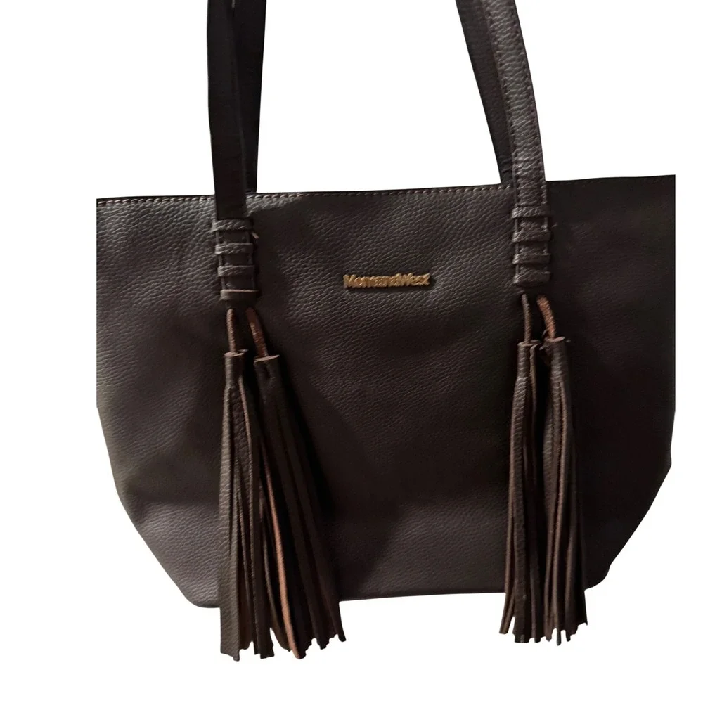 Montana West Brown Faux Leather Tote Bag Tassel‎ Zipper Pocket